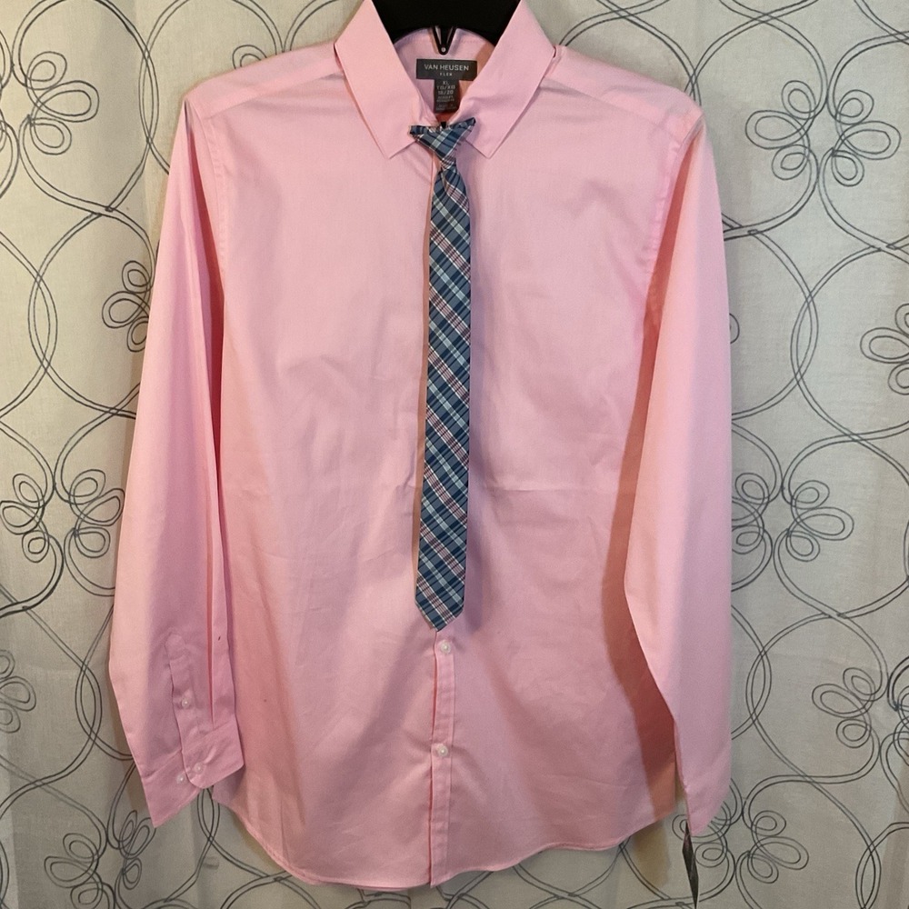New Van Heusen Boys Flex Pink Dress Shirt & Tie Set Size XL 18-20